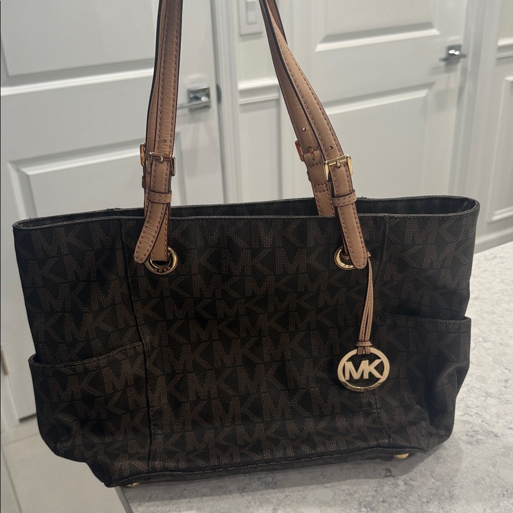 Michael Kors Dark Brown Logo Tote with Tan Straps